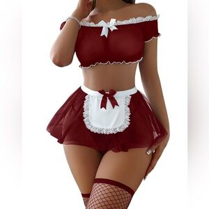 Foxiny Sexy Maid Lingerie Set Women’s Size M Red Mesh Skirt Top G String Stock